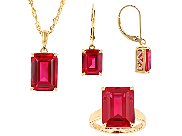 Red Lab Created Ruby 18k Yellow Gold Over Sterling Silver Ring, Pendant Earrings