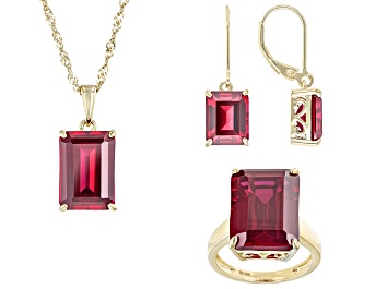 Picture of Red Lab Created Ruby 18k Yellow Gold Over Sterling Silver Ring, Pendant Earrings