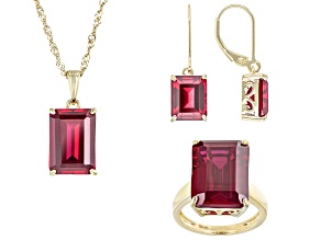 Red Lab Created Ruby 18k Yellow Gold Over Sterling Silver Ring, Pendant Earrings