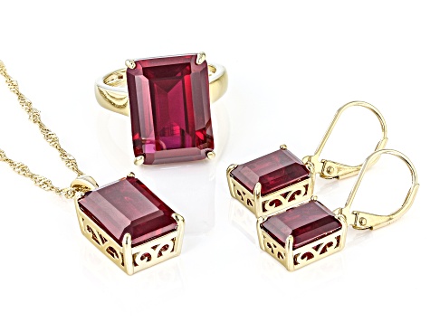 Red Lab Created Ruby 18k Yellow Gold Over Sterling Silver Ring, Pendant Earrings