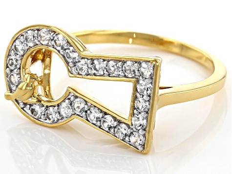White Zircon 18K Yellow Gold Over Silver Keyhole With Bird Ring 0.59ctw