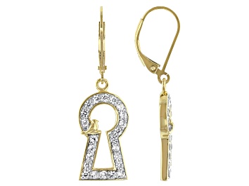 Picture of White Zircon 18k Yellow Gold Over Sterling Silver Keyhole With Bird Dangle Earrings 1.17ctw