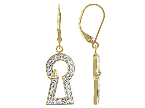 White Zircon 18k Yellow Gold Over Sterling Silver Keyhole With Bird Dangle Earrings 1.17ctw