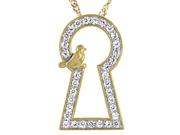 Picture of White Zircon 18k Yellow Gold Over Sterling Silver Keyhole And Bird Pendant With Chain 0.84ctw
