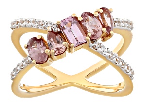 Pink Color Shift Garnet With White Zircon 18k Yellow Gold Over Sterling Silver Ring 1.56ctw