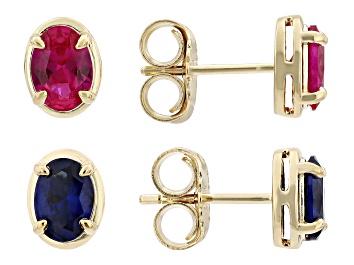 Picture of Red Lab Created Ruby 18k Yellow Gold Over Sterling Silver Earrings Set 1.25ctw