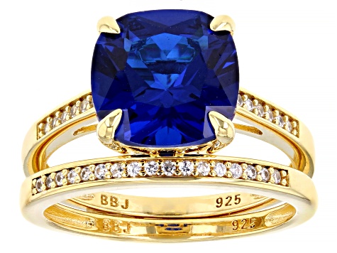 Blue Lab Created Spinel 18k Yellow Gold Over Sterling Silver Ring Set of 2