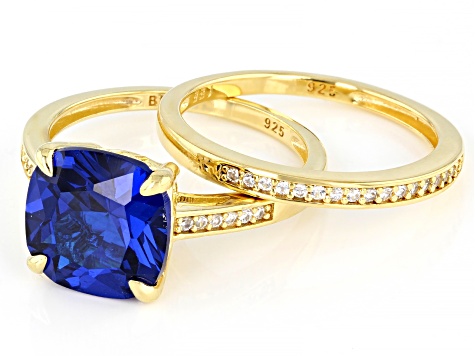 Blue Lab Created Spinel 18k Yellow Gold Over Sterling Silver Ring Set of 2