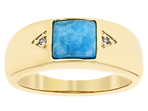 Blue Turquoise 18k Yellow Gold Over Sterling Silver Band Ring 0.01ctw
