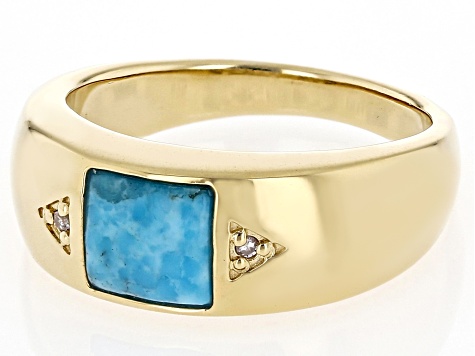 Blue Turquoise 18k Yellow Gold Over Sterling Silver Band Ring 0.01ctw