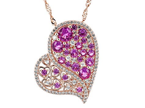 Pink Lab Created Sapphire 18k Rose Gold Over Sterling Silver Heart Pendant with Chain 3.09ctw