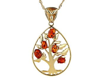 Picture of Orange Amber 18k Yellow Gold Over Sterling Silver Tree Of Life Pendant With Chain