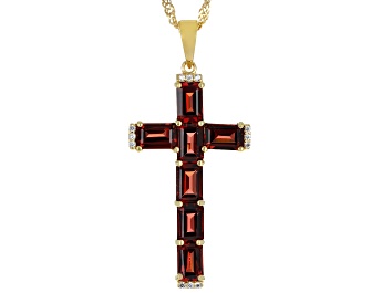 Picture of Red Garnet 18k Yellow Gold Over Sterling Silver Cross Pendant with Chain 4.24ctw
