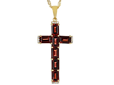Red Garnet 18k Yellow Gold Over Sterling Silver Cross Pendant with Chain 4.24ctw