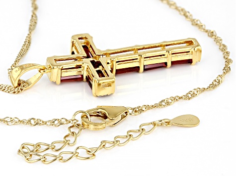 Red Garnet 18k Yellow Gold Over Sterling Silver Cross Pendant with Chain 4.24ctw