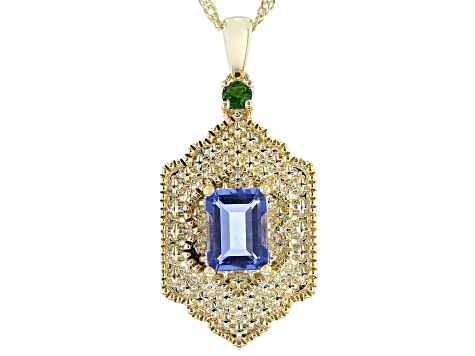 Fluorite & Chrome Diopside 18K Gold Over Brass Pendant W/ 18" Chain 1.79ctw