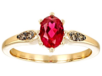 Picture of Red Lab Created Ruby with Champagne Diamond 18k Yellow Gold Over Sterling Silver Ring 0.97ctw