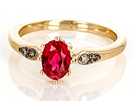 Red Lab Created Ruby with Champagne Diamond 18k Yellow Gold Over Sterling Silver Ring 0.97ctw