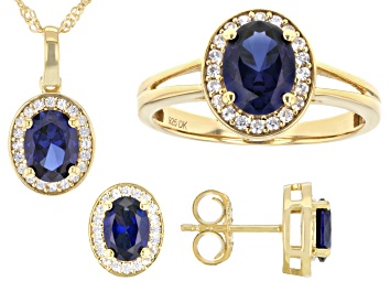Picture of Blue Lab Created Sapphire 18k Yellow Gold Over Sterling Silver Jewelry Set 5.03ctw