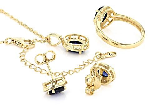 Blue Lab Created Sapphire 18k Yellow Gold Over Sterling Silver Jewelry Set 5.03ctw
