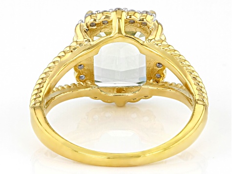 Barrel Prasiolite and White Zircon 18k Yellow Gold Over Silver Ring