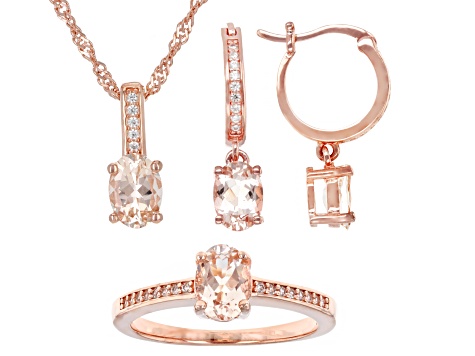 Morganite With White Zircon 18k Rose Gold Over Sterling Silver Ring, Earrings, Pendant Set 2.71ctw