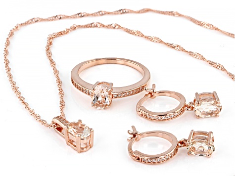 Morganite With White Zircon 18k Rose Gold Over Sterling Silver Ring, Earrings, Pendant Set 2.71ctw