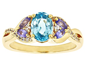 Blue Zircon with Tanzanite and White Zircon 18k Yellow Gold Over Sterling Silver Ring. 1.97ctw