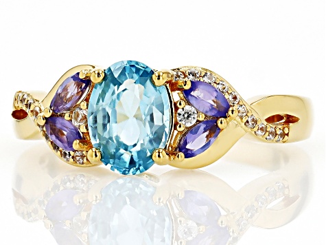 Blue Zircon with Tanzanite and White Zircon 18k Yellow Gold Over Sterling Silver Ring. 1.97ctw