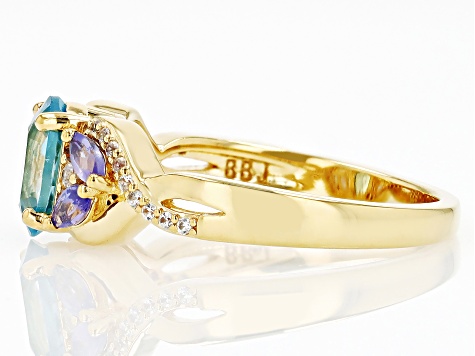 Blue Zircon with Tanzanite and White Zircon 18k Yellow Gold Over Sterling Silver Ring. 1.97ctw