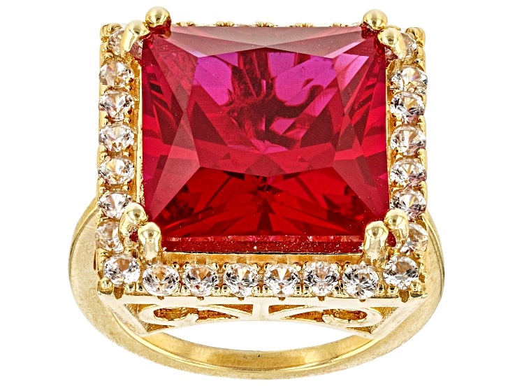 Red Lab Created Ruby with White Zircon 18k Yellow Gold Over