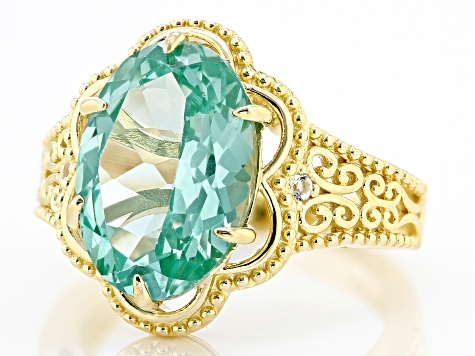 Green Lab Created Spinel with Lab White Sapphire 18k Yellow Gold Over Sterling Silver Ring 5.22ctw