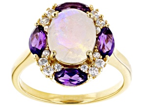 Rainbow Moonstone with Amethyst and White Zircon 18k Yellow Gold Over Sterling Silver Ring 3.40ctw