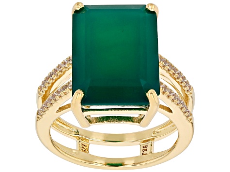 Green Onyx With White Zircon 18k Yellow Gold Over Sterling Silver Ring