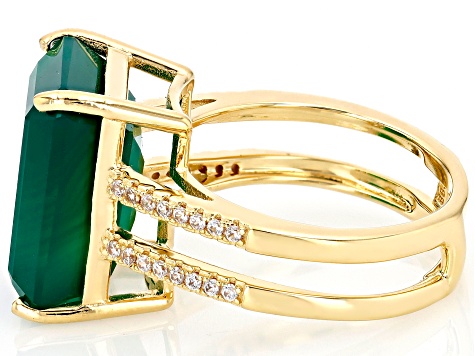 Green Onyx With White Zircon 18k Yellow Gold Over Sterling Silver Ring