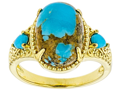 Kingman Turquoise With Sleeping Beauty Turquoise 18k Yellow Gold Over Sterling Silver Ring