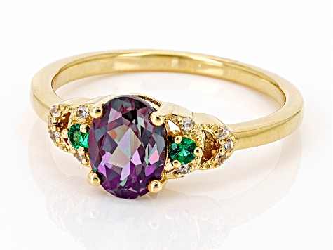 Lab Alexandrite With Lab Emerald & White Zircon 18k Yellow Gold Over Sterling Silver Ring 1.36ctw