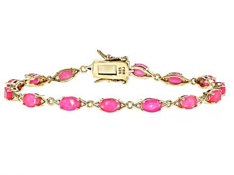 Pink Ethiopian Opal With White Zircon 18k Yellow Gold Over Sterling Silver Bracelet 4.07ctw