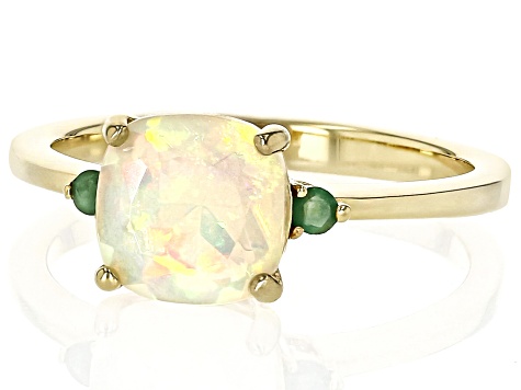 Ethiopian Opal With Emerald 18k Yellow Gold Over Sterling Silver Ring 1.06ctw