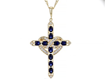 Picture of Blue Lab Created Sapphire With White Topaz 18k Yellow Over Silver Cross Pendant Chain 1.42ctw