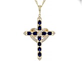 Blue Lab Created Sapphire With White Topaz 18k Yellow Over Silver Cross Pendant Chain 1.42ctw