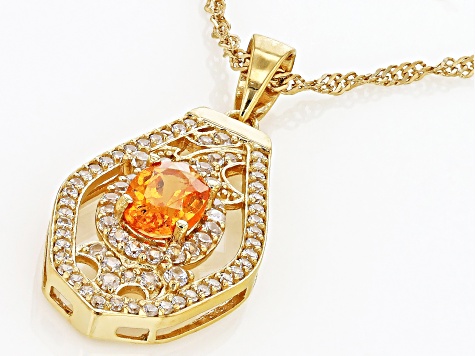 Mandarin Garnet & White Zircon 18k Yellow Gold Over Silver Pendant With Chain 1.47ctw