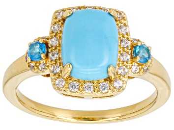Picture of Sleeping Beauty Turquoise, Neon Apatite, White Zircon 18k Yellow Gold Over Silver Ring 0.28ctw