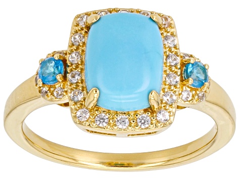 Sleeping Beauty Turquoise, Neon Apatite, White Zircon 18k Yellow Gold Over Silver Ring 0.28ctw