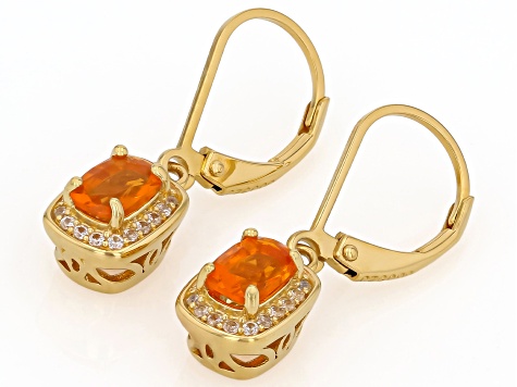 Fire Opal With White Zircon 18k Yellow Gold Over Sterling Silver