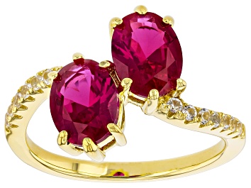 Picture of Lab Ruby With Lab White Sapphire 18k Yellow Gold Over Sterling Silver Ring 3.03ctw