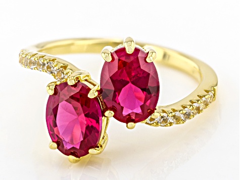 Lab Ruby With Lab White Sapphire 18k Yellow Gold Over Sterling Silver Ring 3.03ctw