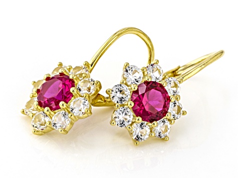 Lab Created Ruby With Lab Created Sapphire 18k Yellow Gold Over Sterling Silver Earrings 4.20ctw
