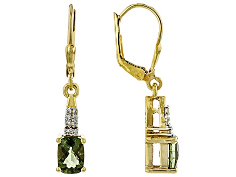 Moldavite With White Zircon 18k Yellow Gold Over Sterling Silver Earrings 1.95ctw