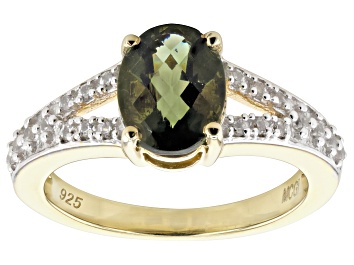 Picture of Moldavite With White Zircon 18k Yellow Gold Over Sterling Silver Ring 1.62ctw